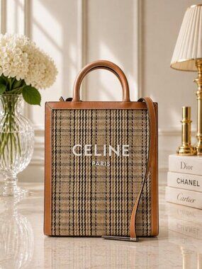 Authentic Celine Cabas Tote Bag Logo Canvas Leather Brown Large Shopper Luxury